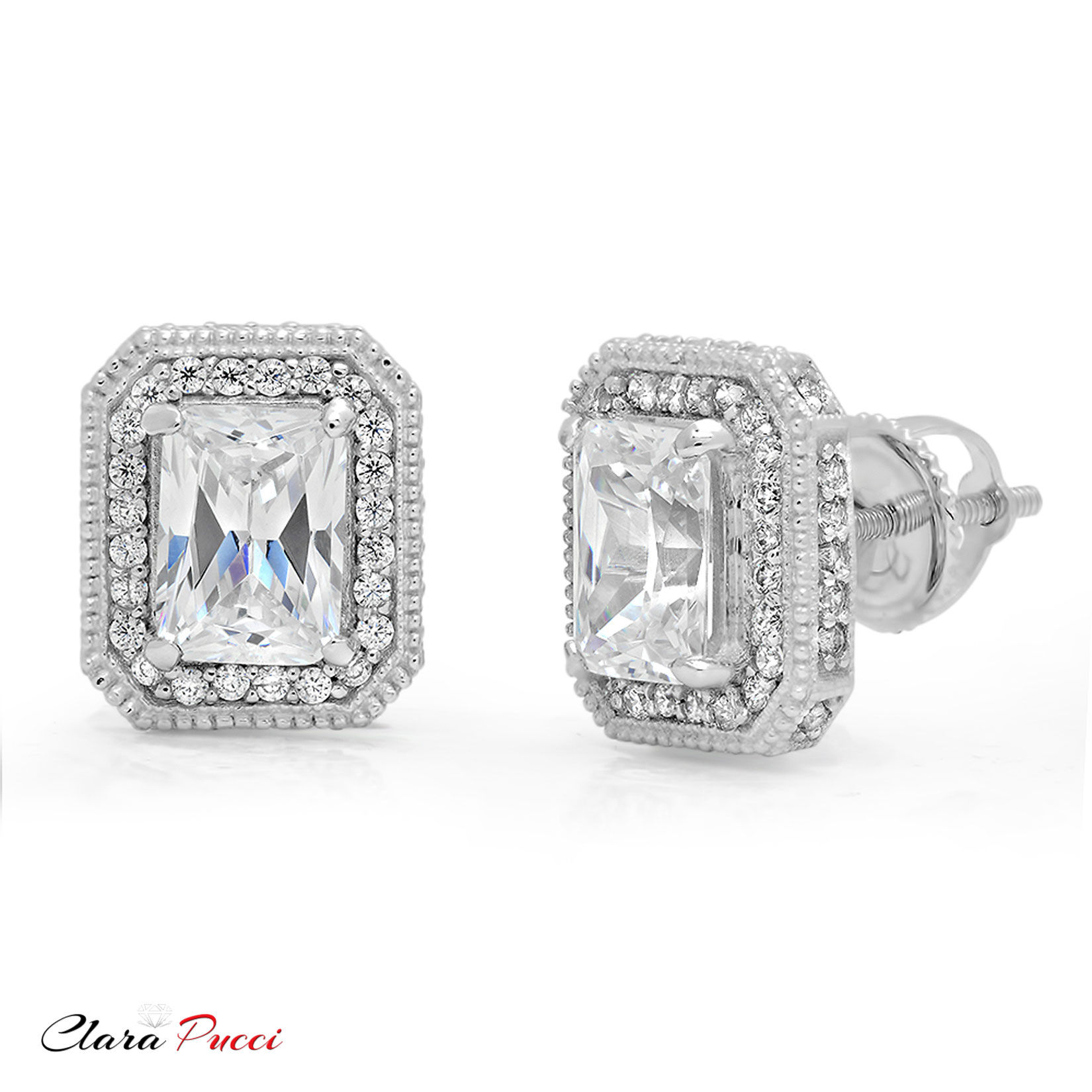 2.44Ct Brilliant Emerald Cut Halo Studs Genuine Clear Simulated Diamond Solid 18K White Gold Earrings Screw Back