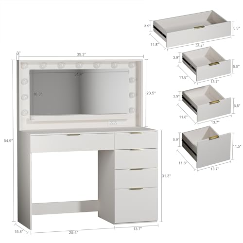 Vanity Desk with Large Mirror and Lights, 45.3in Makeup Vanity with Power Outlet 9 Drawers & Storage, 3 Lighting Color Adjustable
