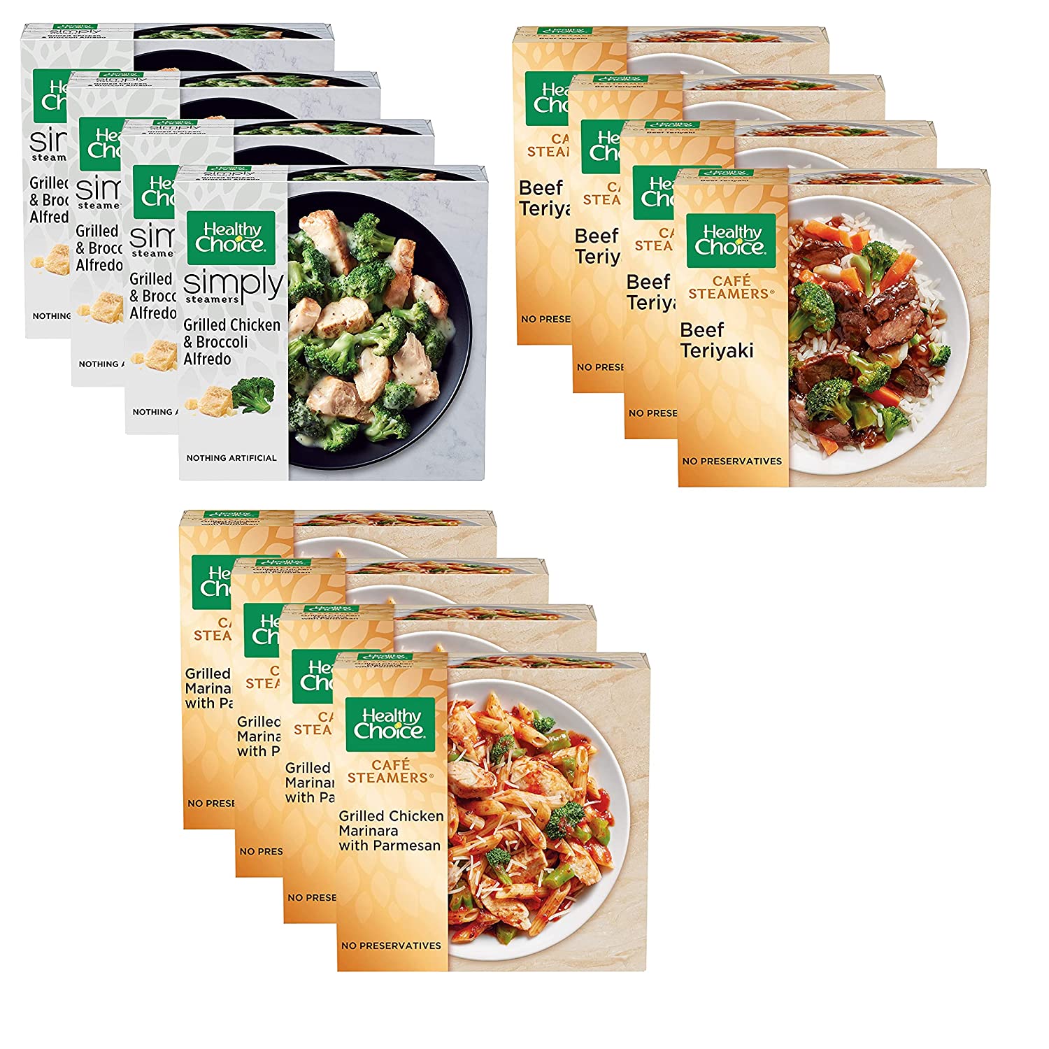 Gourmet Kitchn Healthy Choice Café Steamers Variety Pack- 4 Grilled Chicken Marinara with Parmesan- Asian Inspired Beef Teriyaki