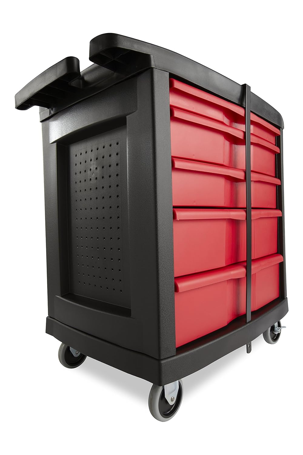 Rubbermaid Commercial Trademaster 5 Drawer Mobile Work Center, 33" L x 20" W x 34" H, Black/Red (FG773488BLA)