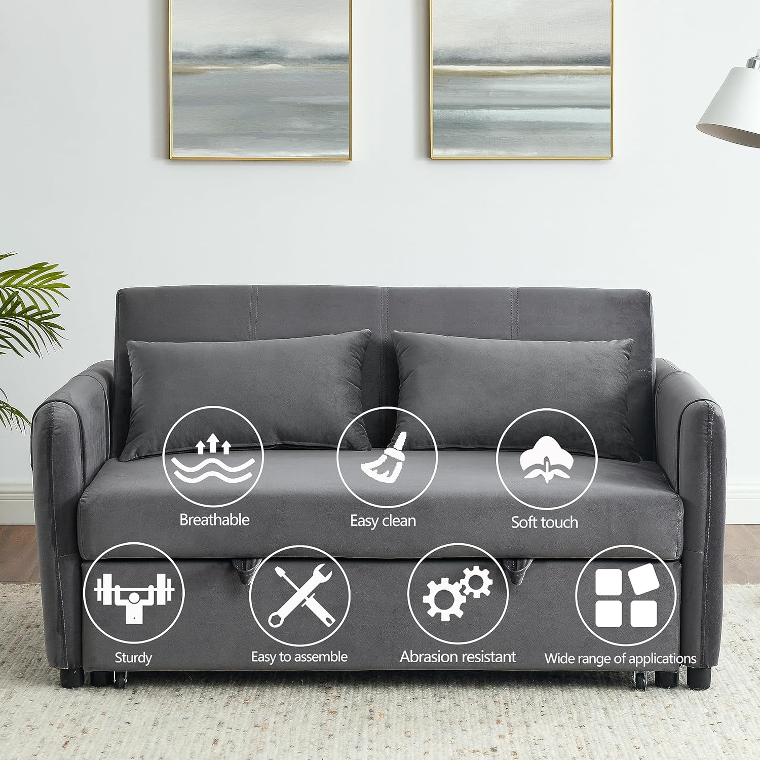 Mbolyeer 54" Modern Convertible Sleeper Sofa Bed, Velvet Loveseat Sofa Couch w/Pull-Out Bed, Seat with Adjustable Backrest, Lumbar Pillows