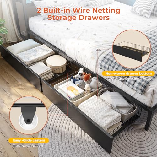 DICTAC Corner Twin Bed Frame with Bookcase Storage and Led Lights Metal Twin Size Platform Beds with Storage and Charging Station Twin Daybed with 2