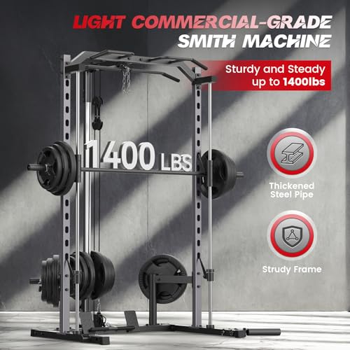 Smith Machine with LAT-Pull Down, Multi-Functional Smith Machine, Power Cage with Cable Crossover, Squat Rack with Landmine, Barbell Bar