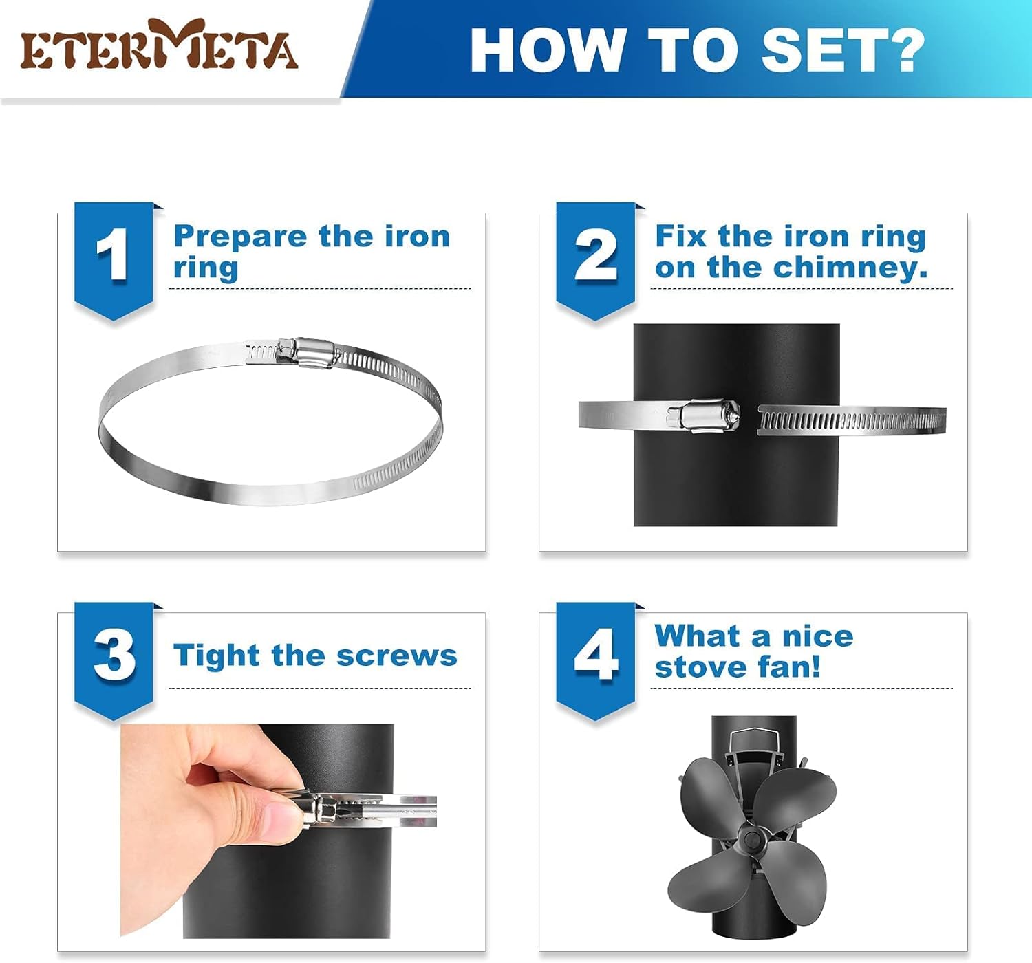 Etermeta Stove Fan, 4 Blade Pipe Hanging Fan, Heat Activated Fan for Wood Stove, with Stove Thermometer for Wood/Log Burner/Fireplace
