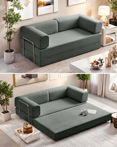 Convertible Floor Sofa Bed, Foldable Mattress Cloud Couch with Pillow Back & Armrest, Chenille Sleeper Sofa Bed with Fixed-Shape Frame