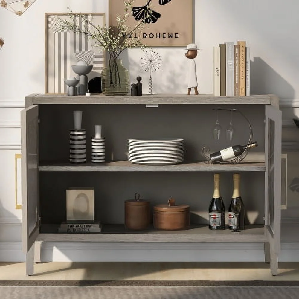 Motent Wood Storage Cabinet with Two Tempered Glass Doors ,Four Legs and Adjustable Shelf,Suitable for Living Room, Study and Entrance, Gray
