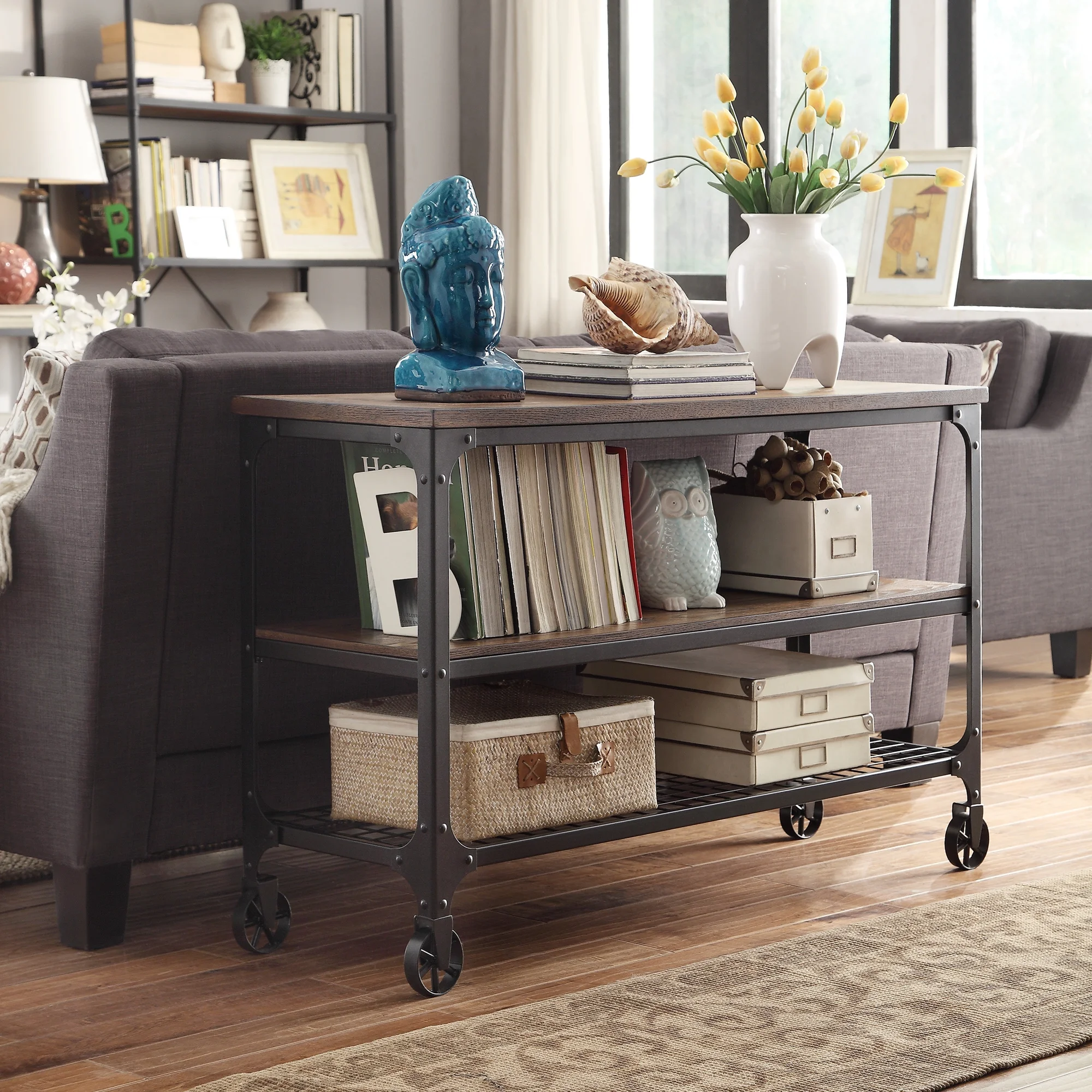 Weston Home Avery Industrial Wood and Metal Console Table with Wheels, Black/Brown Finish