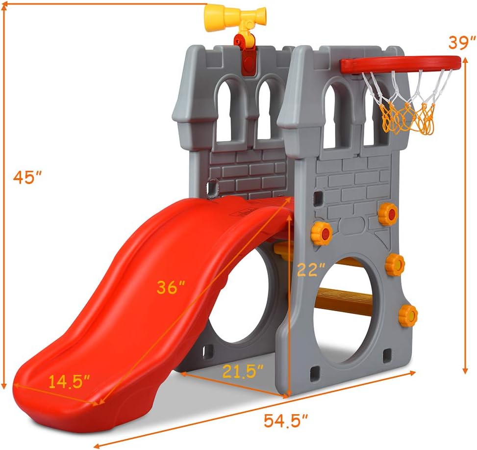 KOTEK Toddler Slide Indoor for Age 3-8, 5 in 1 Kids Climber Slide with Basketball Hoop, Telescope, Crawl Through Space & Climbing Stairs