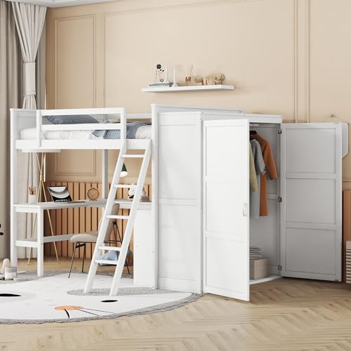 SOFTSEA Twin Size Loft Bed with Built in Desk & Wardrobe, Solid Wood Loft Bed with Storage Cabinet