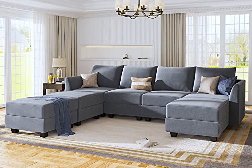 HONBAY Modular Sectional Sofa U Shaped Modular Couch Reversible Sofa Sectional Couch with Storage Seat, Bluish Grey