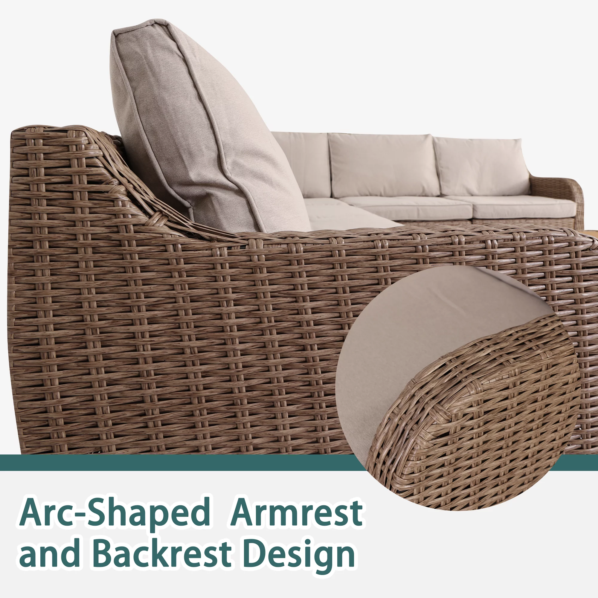 Homrest 7 Pcs Patio Furniture Set, Half-Round Rattan Outdoor Furniture with Cushion and Table, Khaki