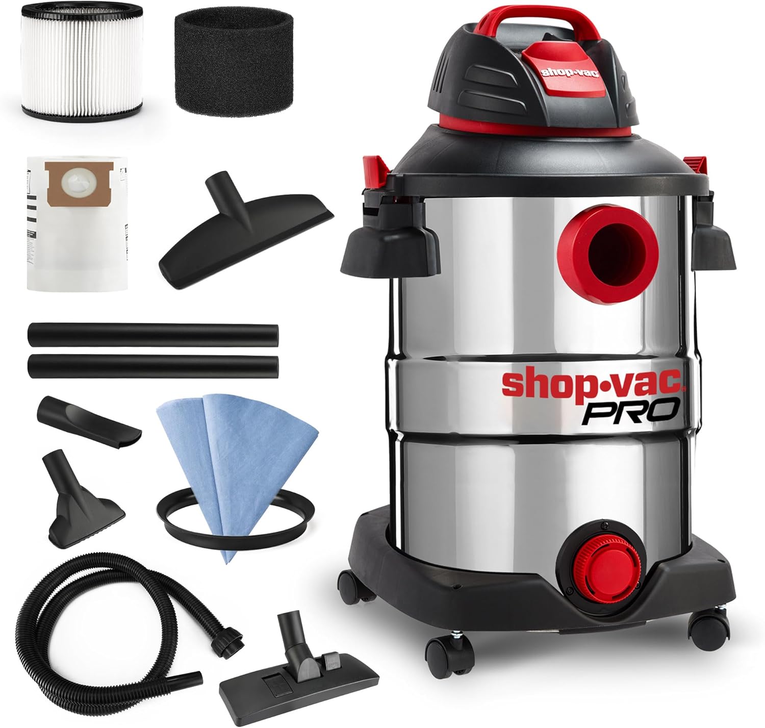 Shop-Vac 12 Gallon 6.0 Peak HP Wet/Dry Vacuum, Stainless Steel Tank, 3 in 1 Function Portable Shop Vacuum with Attachments, Drain Port