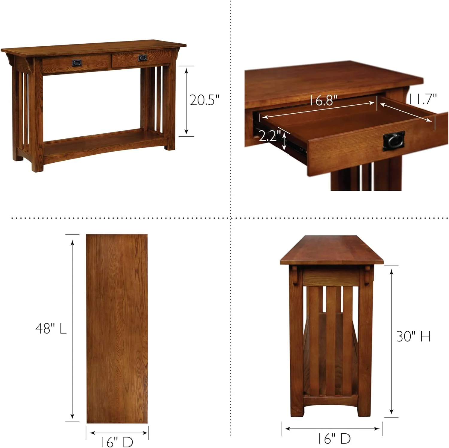 8233 Mission Impeccable Two Drawer Hall Console Table With Shelf, In X 16 In X 30 In (D X W X H), Medium Oak
