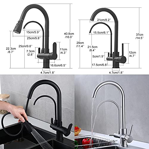 LUNEZY Kitchen Sink Mixer Taps Deck Mounted Black Kitchen Faucets, Pull Out Hot Cold Water Filter Tap for Kitchen
