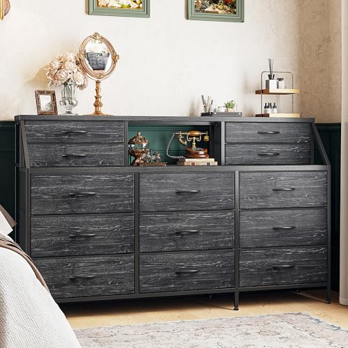 55" W Dresser for Bedroom, Dressers & Chests of Drawers with 13 Fabric Drawers and 2 Open Shelves, Long Vanity Dressers for Bedroom & Closet