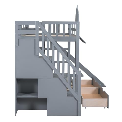 SOFTSEA Twin Over Twin Bunk Bed with Slide and Storage Solid Wood Bunk Bed Frame with Staircase and Drawers, Pink