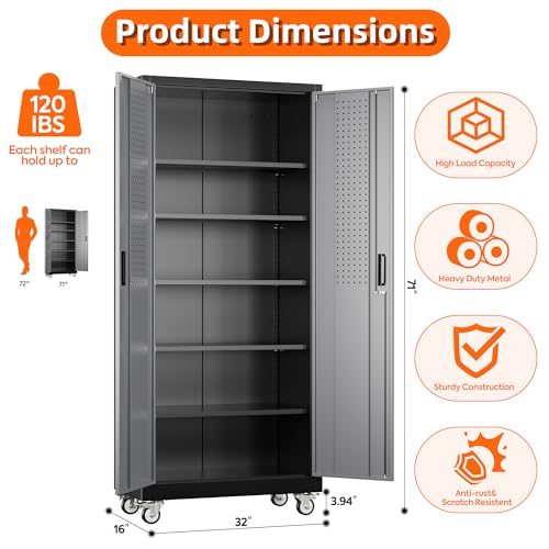 Metal Storage Cabinet with Wheels, 73" H Rolling Garage Cabinets with Locking Doors and Adjustable Shelves for Home Office, Basement, Pantry, Workshop