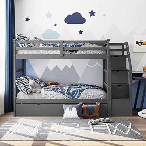 Harper & Bright Designs Twin Over Twin Bunk Bed with Trundle, Wood Bunk Bed with Storage Stairs for Kids Teens Adults (Walnut)