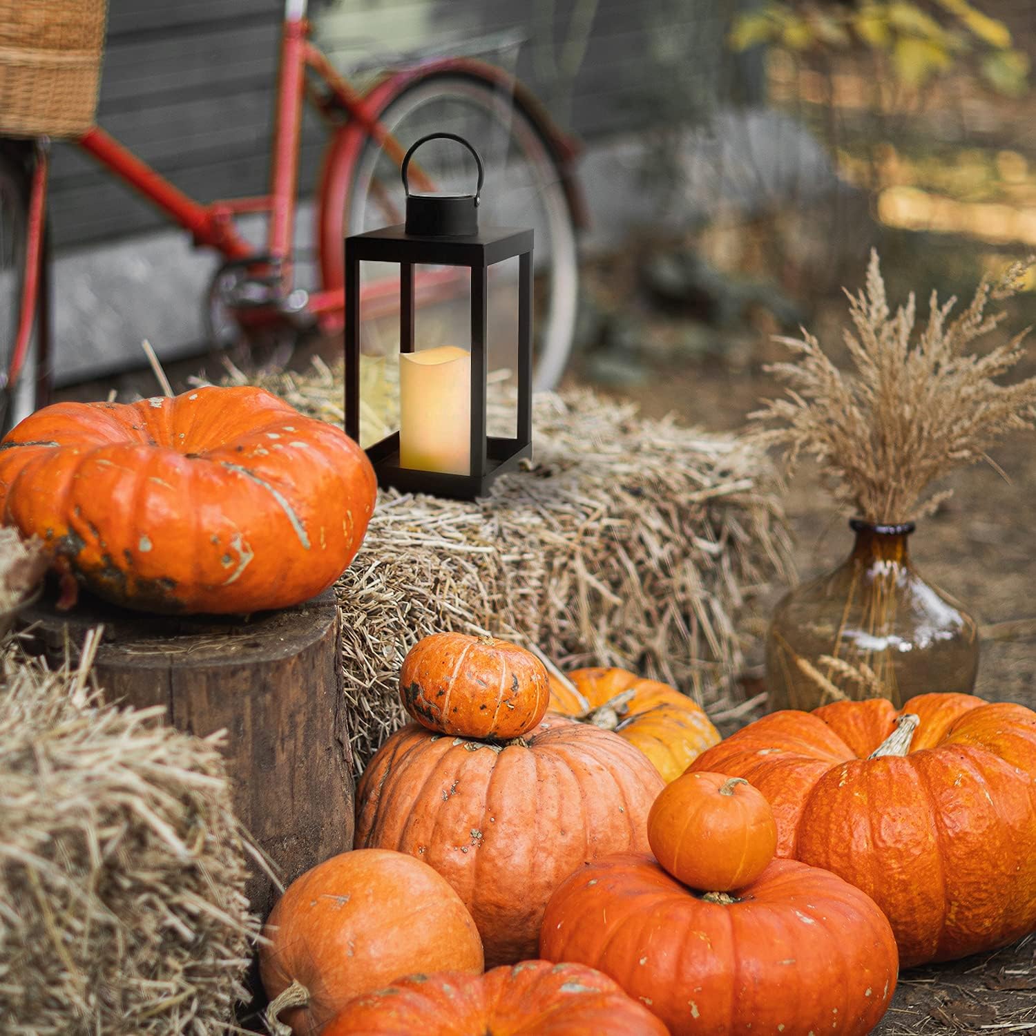 Large Outdoor Lantern with Solar Candle - 18 Inch Tall, Matte Black Metal Frame, Waterproof Flameless Pillar Candle, Dusk to Dawn Timer