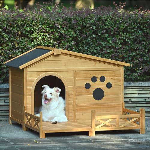 Outdoor Wooden Dog House,Waterproof Kennel with Deck and Sloped Roof,High Stability Pet Dog Cage for Small/Medium Puppy