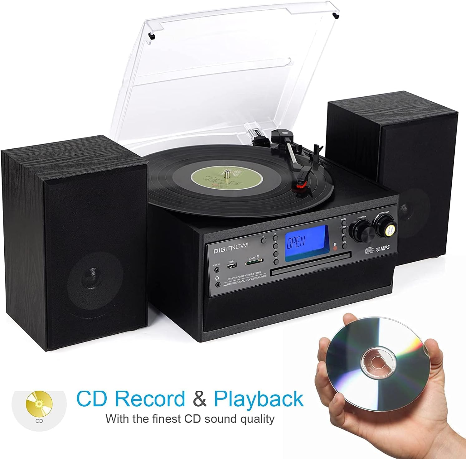 DIGITNOW Bluetooth Record Player Turntable with Stereo Speaker, LP Vinyl to MP3 Converter with CD, Cassette, Radio, Aux in and USB/SD Encoding