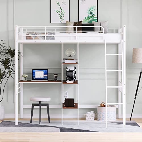 Harper & Bright Designs Full Loft Bed with Desk, Metal Loft Beds with Storage Shelves, Desk, and Wardrobe, Heavy-Duty Loft Bed Frame for Kids, Teens