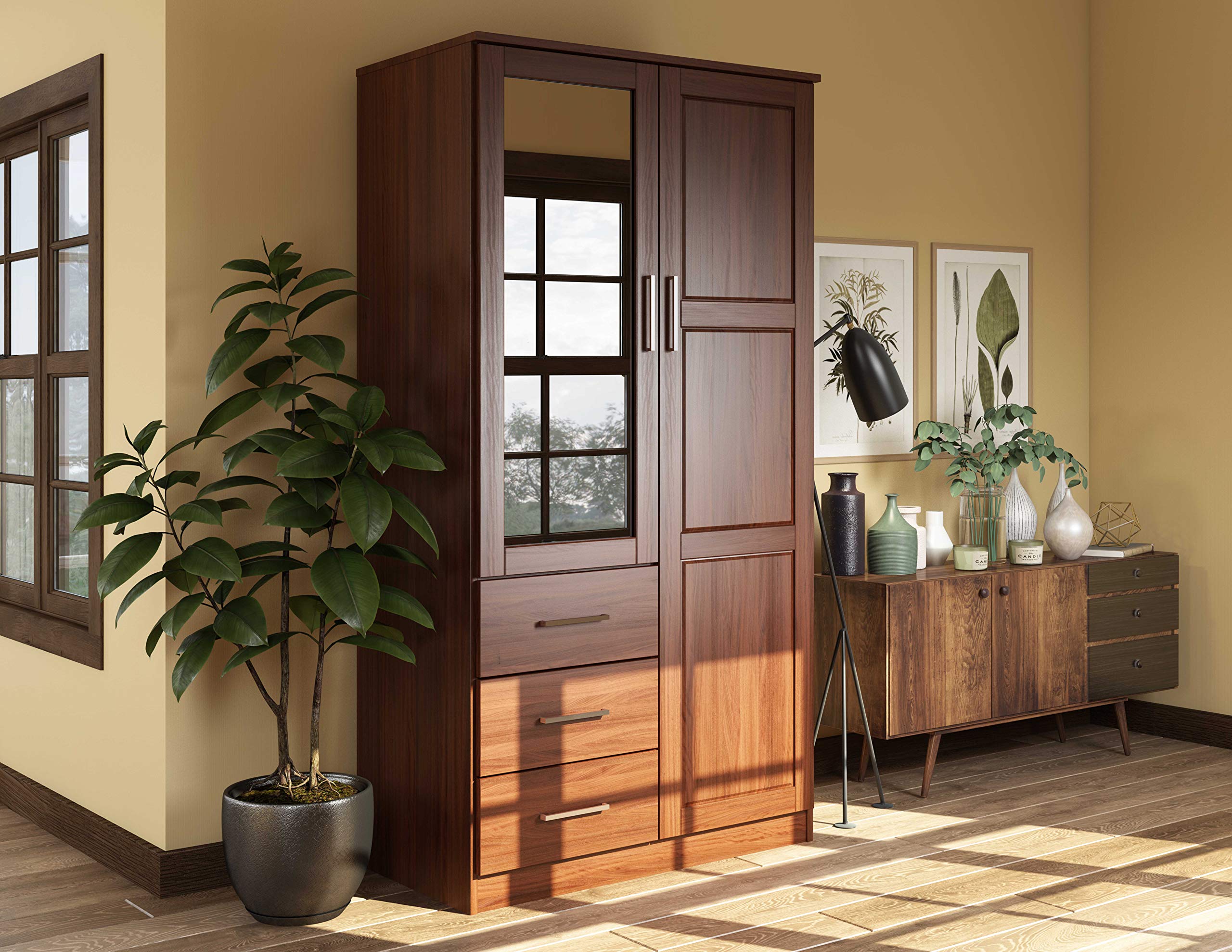 【Furniture】100% Solid Wood Wardrobe with Mirror, Java