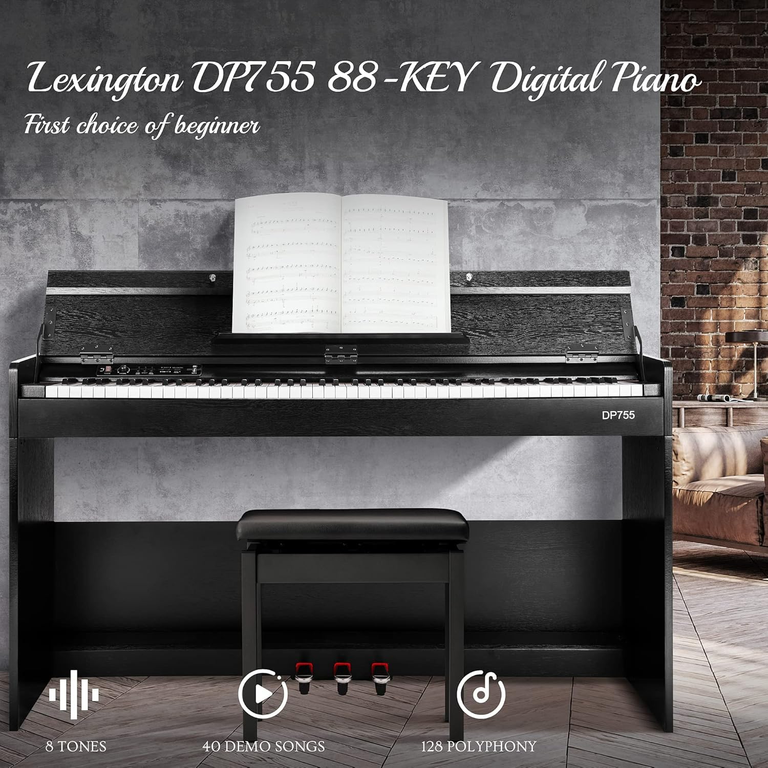 Lexington 88 Key Weighted Home Digital Piano, Hammer Action Electric Keyboard Piano for Beginners with Furniture Stand, Power Adapter, Triple Pedals