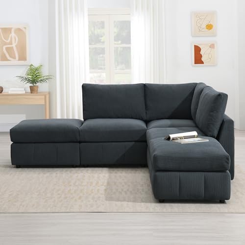 93 Inch L Sectional Sofa Corner Couch with 2 Movable Ottomans Set Reversible Symmetric L Shape – 5-Seat Armless Modern Design for Living Room