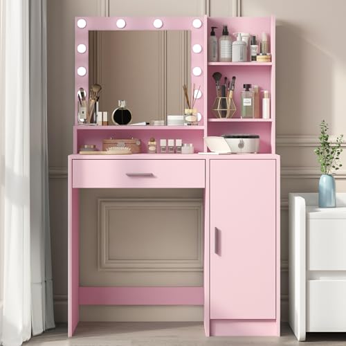 Vanity Desk with Mirror and Light, Large Drawer and Three Level Storage Dresser, 3 Lighting Modes Adjustable Brightness