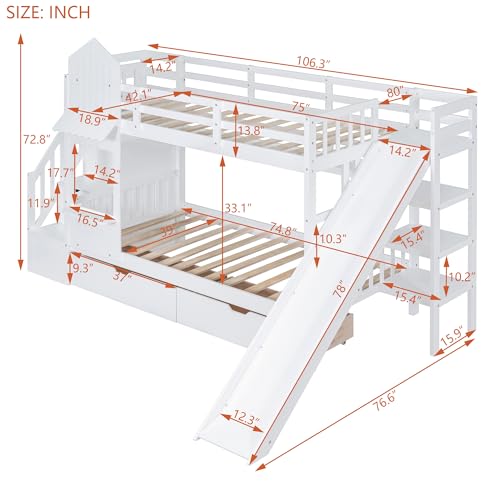 Harper & Bright Designs Twin Over Twin Bunk Bed with Stairs and Slide, Solid Wood Bunk Bed Frame with Storage Drawers and Bookshelf