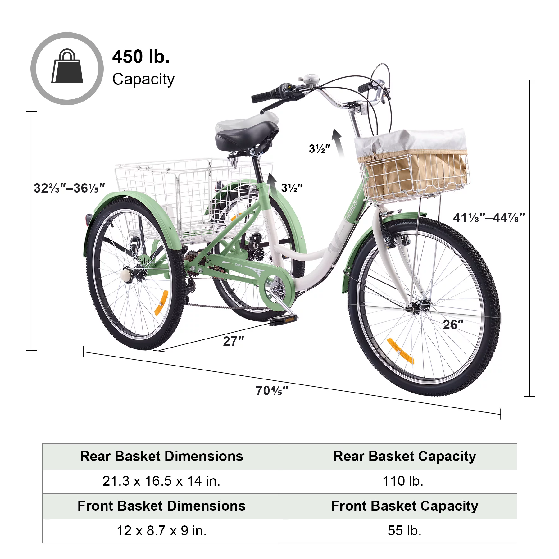 VIRIBUS Tricycle for Adults 26 Inch Bike w 7 Gears Front Rear Basket Mint White