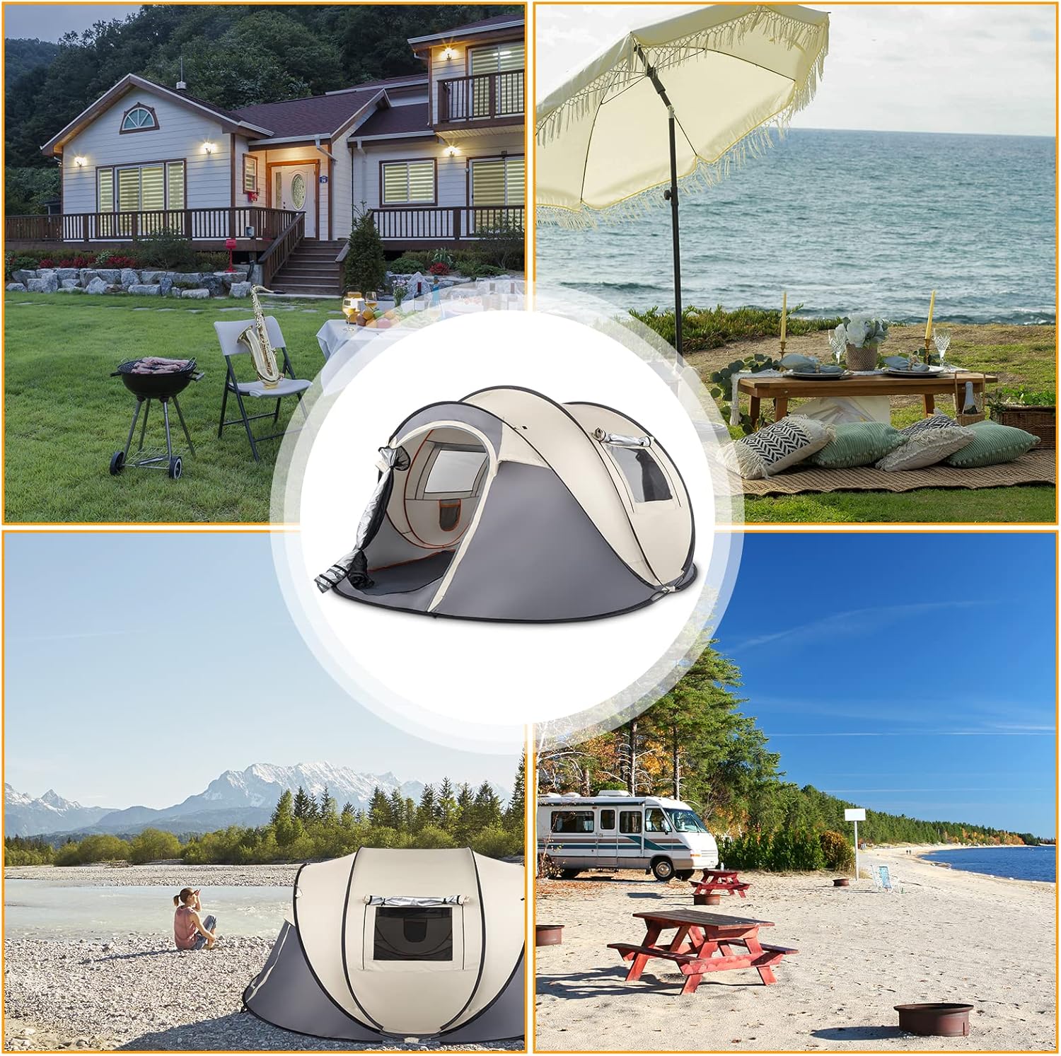 4 Person Pop Up Waterproof Camping Tent Easy Setup 2 Doors-Instant Mesh Windows for Camping Hiking Fishing Beach 2 Doors-Instant Family Traveling