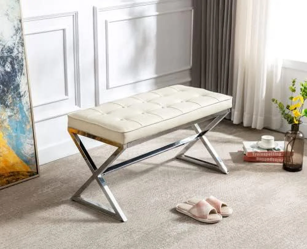 YZboomLife PU Leather Upholstered Entryway Bench Tufted Padded Bench with Metal X Legs for Bedroom End of Bed/Under Window/Living Room/Hallway/Foyer