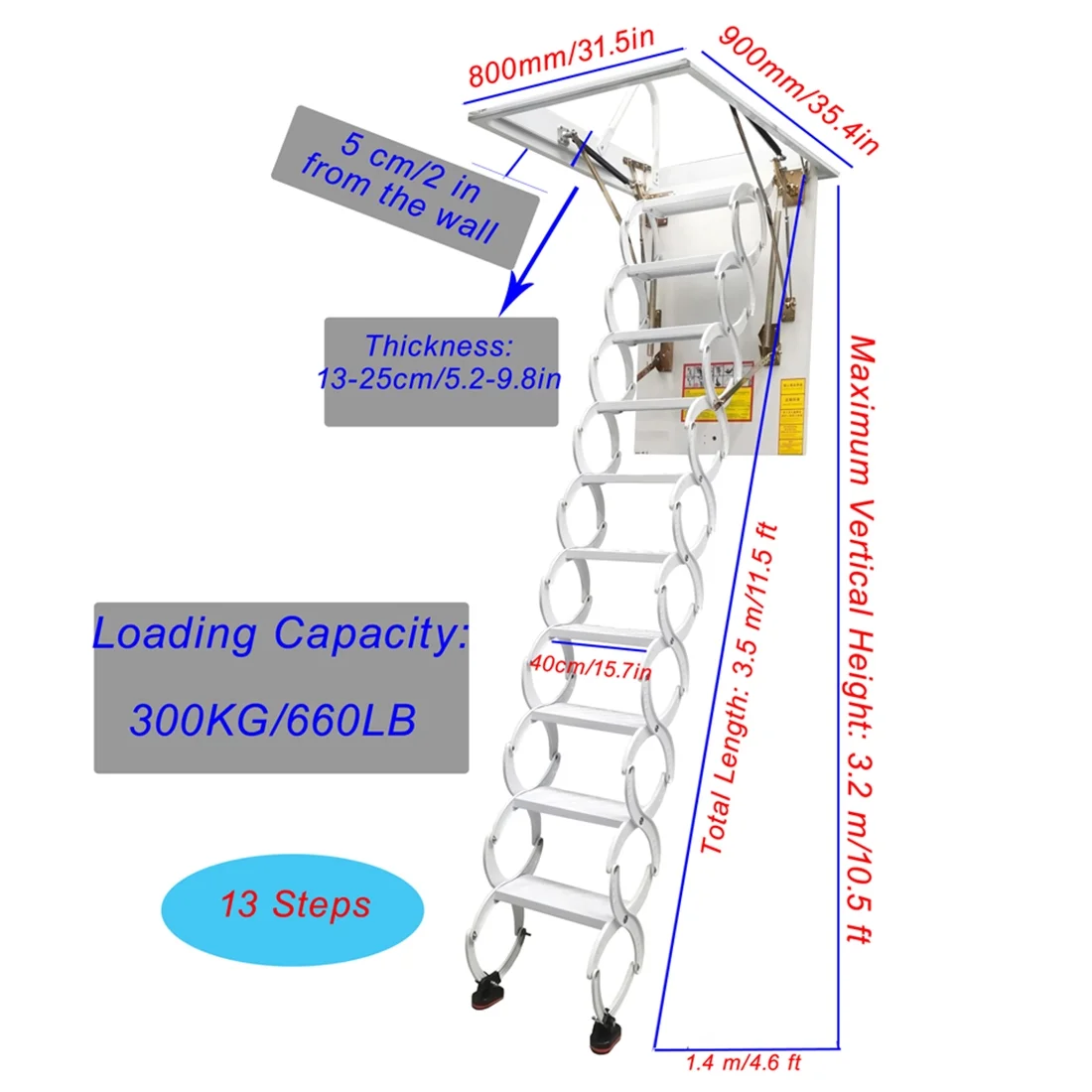 INTBUYING Attic Ceiling Ladder Stairs 10.5ft/13Steps Carbon Steel White 31.5*35.4in
