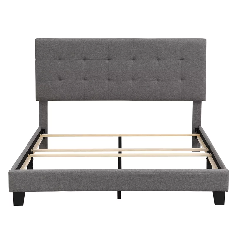 CRO Decor Upholstered Platform Bed with Tufted Headboard Gray Linen Fabric Queen