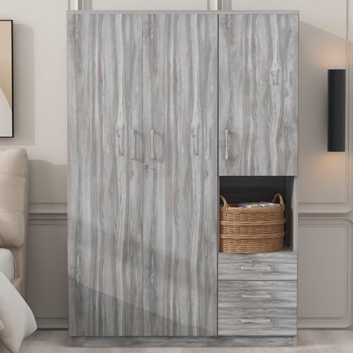 Merax Wooden Wardrobe Closet Organizer with Big Drawers, Hanging Rail and Shelves Tall 3 Doors Armoire Clothes Storage Cabinet for Bedroom