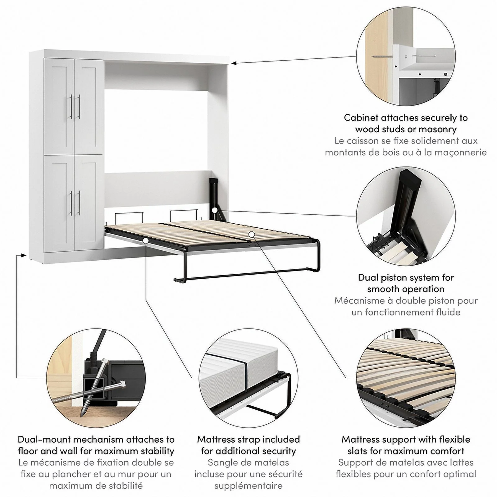 Bestar Pur 84W Engineered Wood Full Murphy Bed with Closet Organizer in White