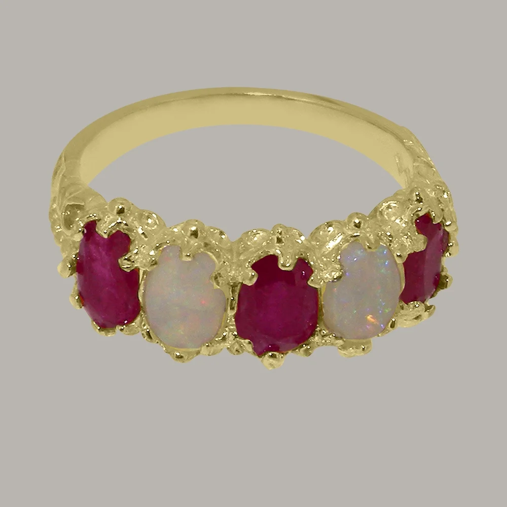 LBG British Made 18k Yellow Gold Natural Ruby & Opal Womens Eternity Ring - 33 size options - Size 10