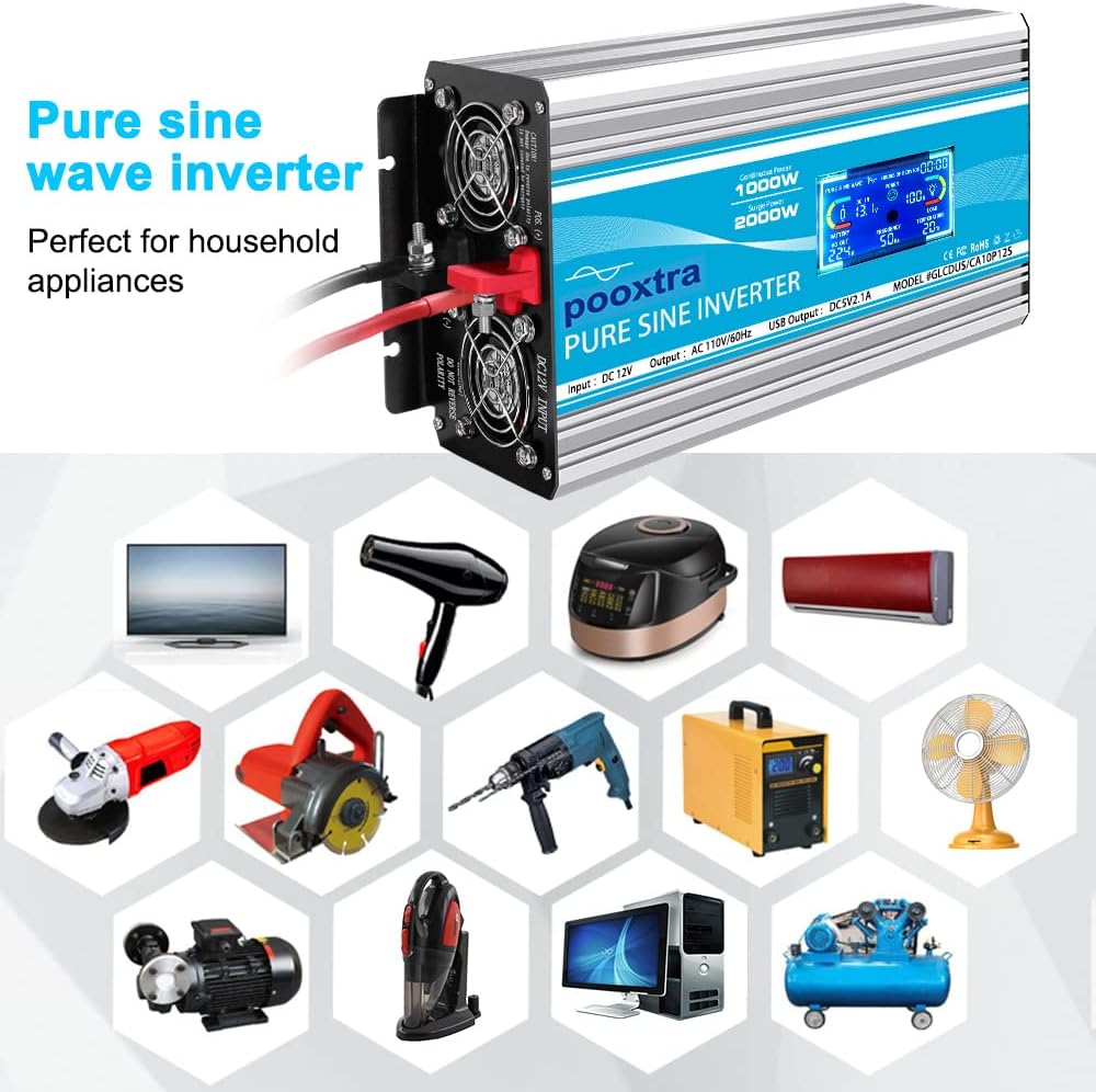 2000 Watt Pure Sine Wave Inverter 12V DC to 110V/120V AC Power Converter with LCD Display & USB Port +4 AC Outlets Car Power for Home RV Trucks Car