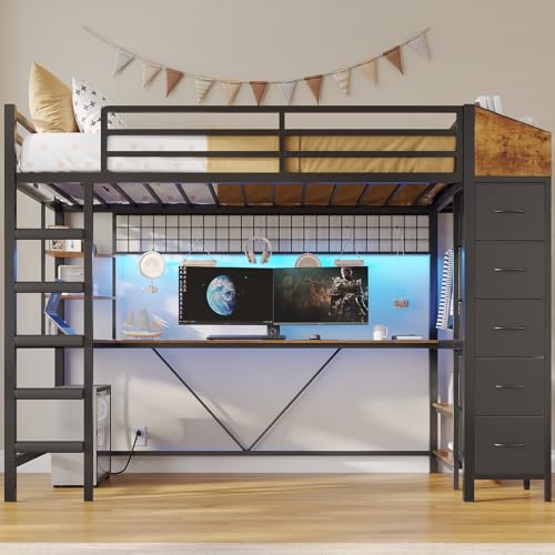 VIAGDO Loft Bed Twin Size with Hall Tree, Charging Station and LED Lights, Metal Loft Bed with L-Shaped Desk, 5 Storage Drawers