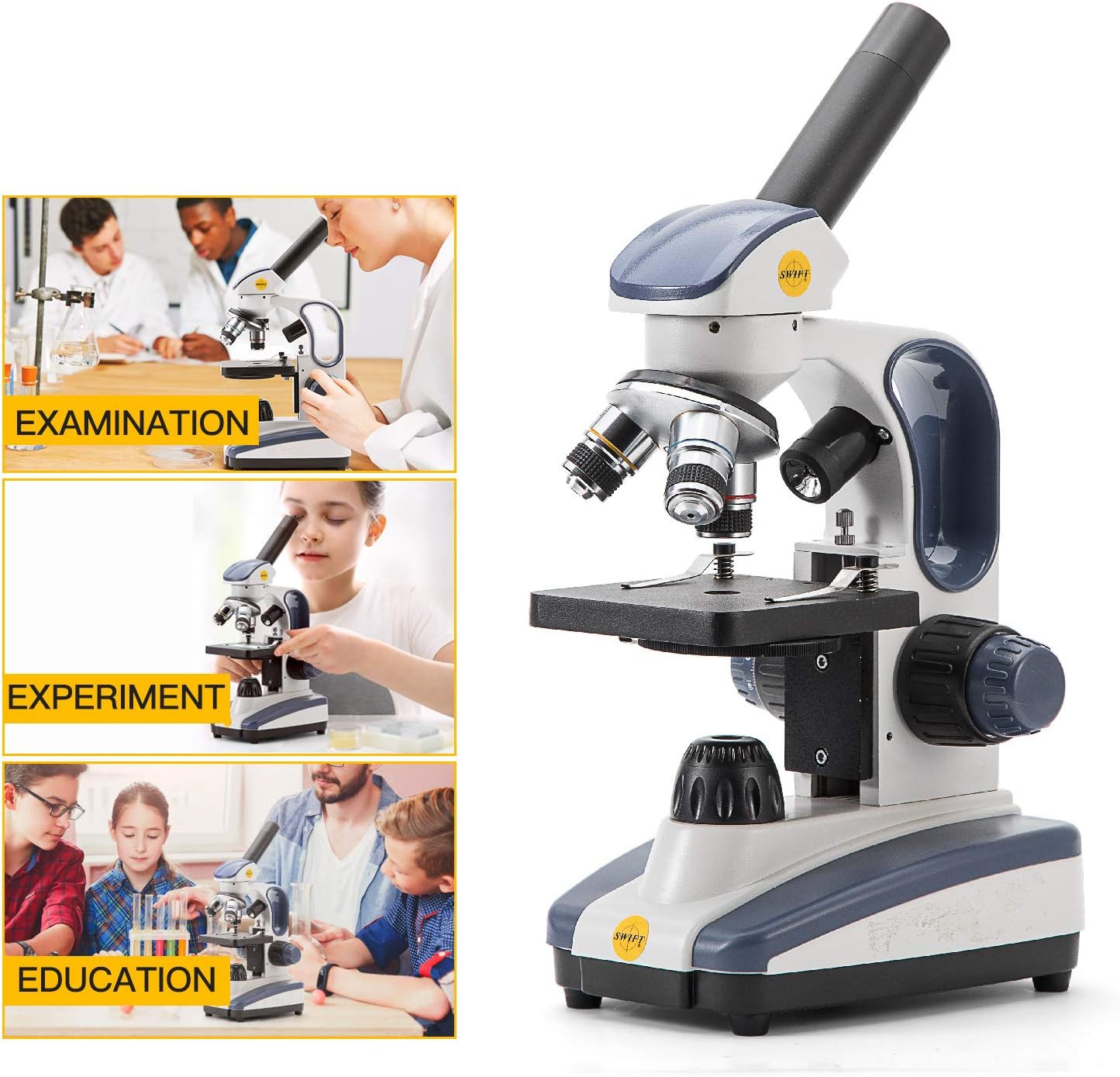 Swift Compound Monocular Microscope SW200DL with 40X-1000X Magnification, Dual Light, Precision Fine Focus