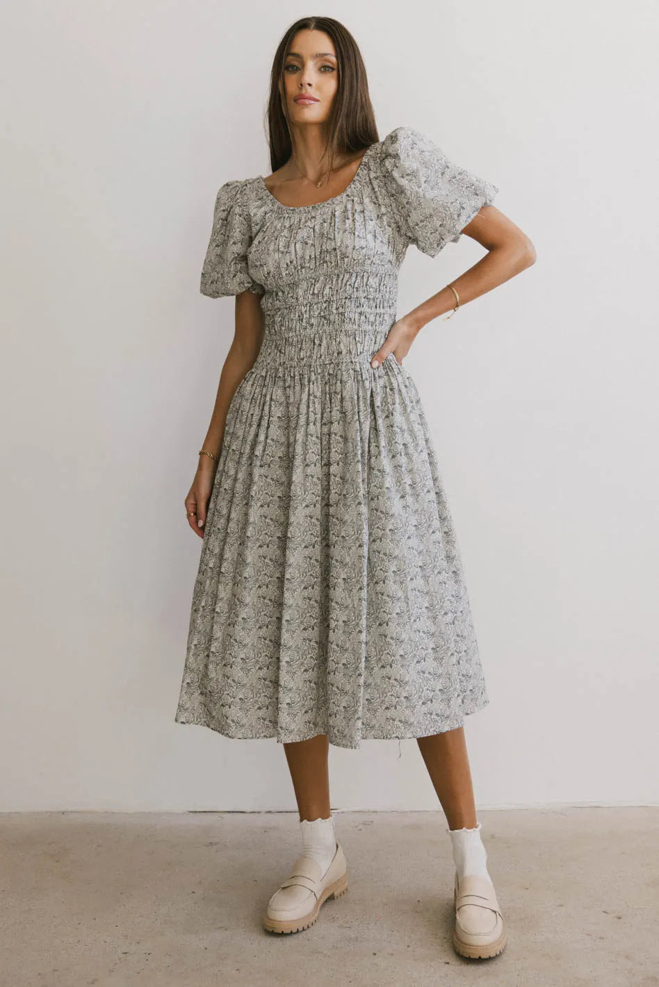 Lucille Smocked Floral Dress in Navy - FINAL SALE