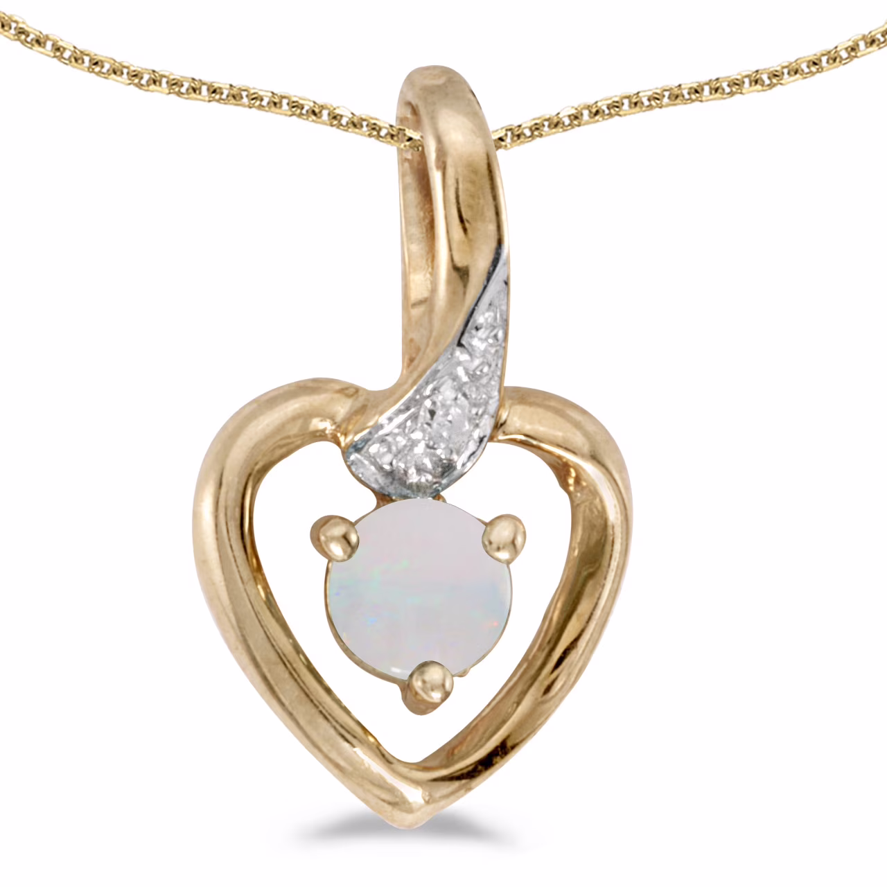 14k Yellow Gold Round Opal And Diamond Heart Pendant with 18" Chain