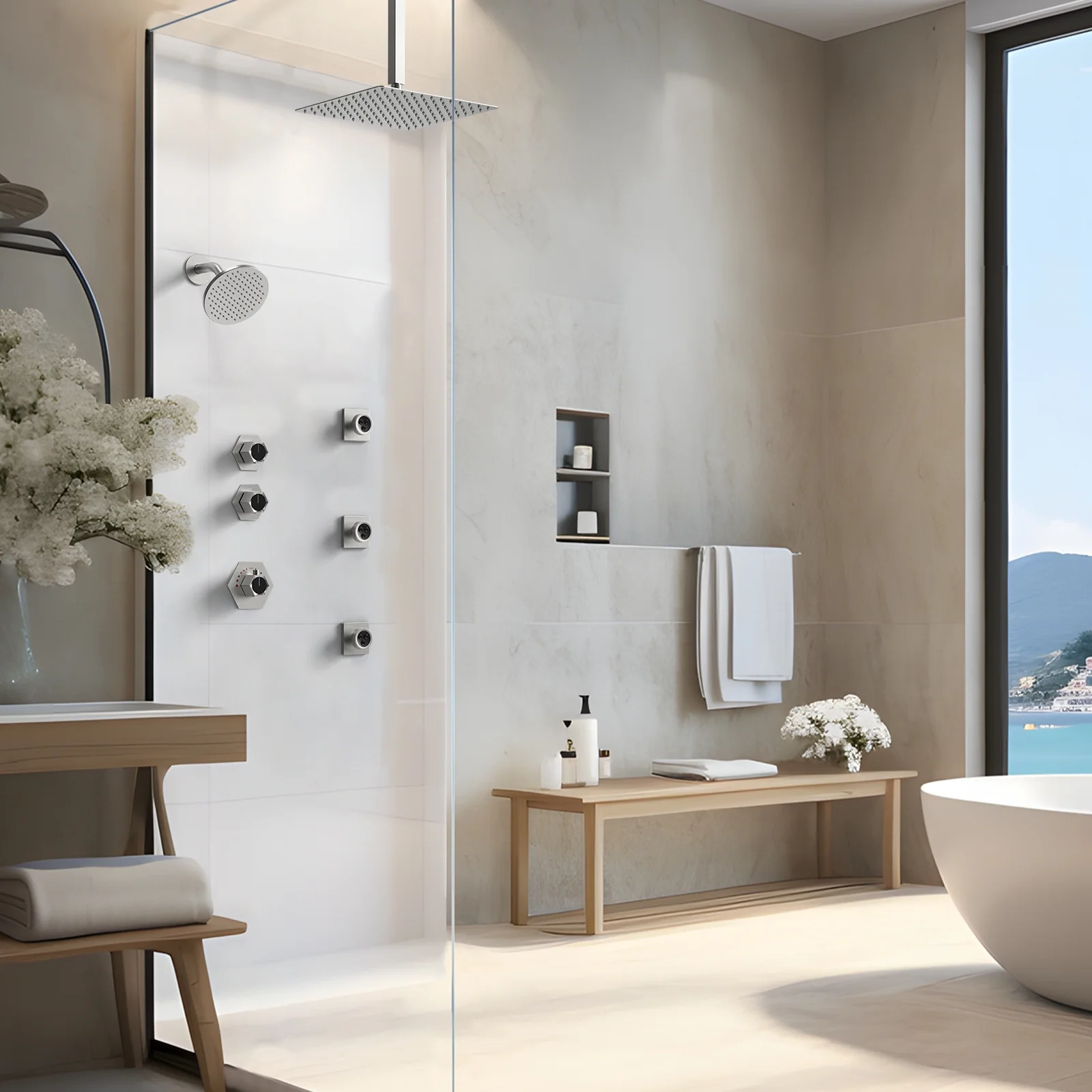 EVERSTEIN Dual Heads Thermostatic Shower Faucet Set 12" Rainfall & High Pressure 6" Fixture Shower System with Rough-in Valve Side Jets Spray Brushed