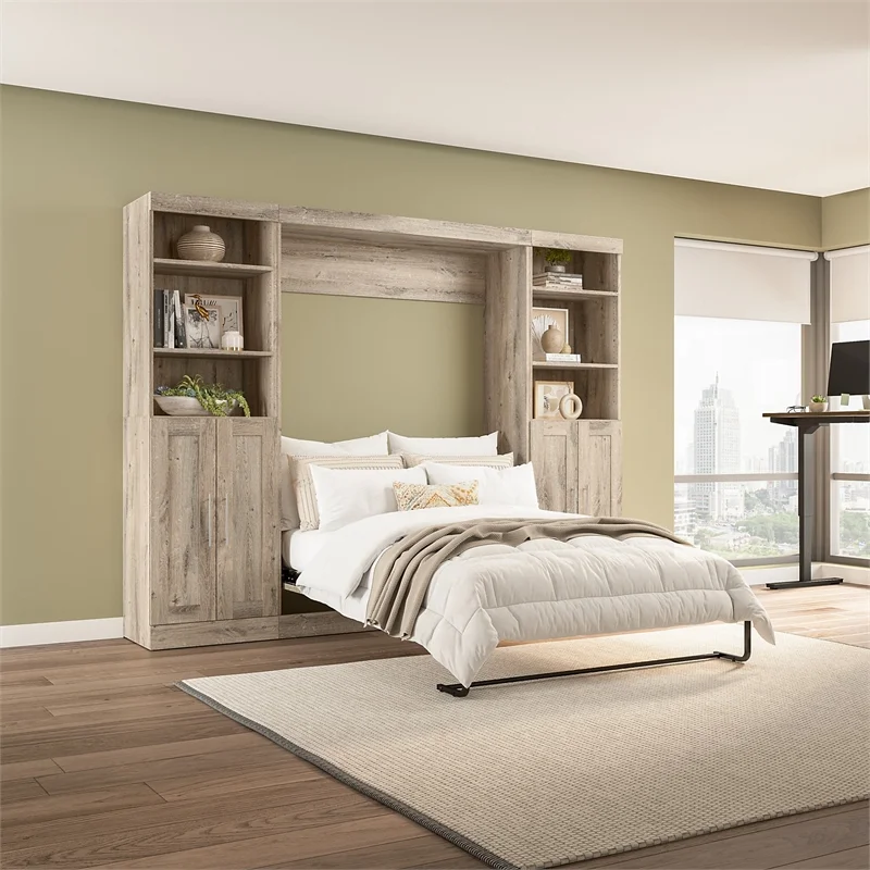 Bestar Pur 109" Engineered Wood Full Murphy Bed with Closet Storage in Brown