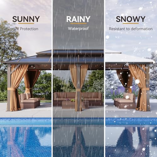 Aoxun 12'x16' Hardtop Gazebo, Aluminum Frame Permanent Pavilion with Netting and Curtains, Outdoor Polycarbonate Double Roof Canopy