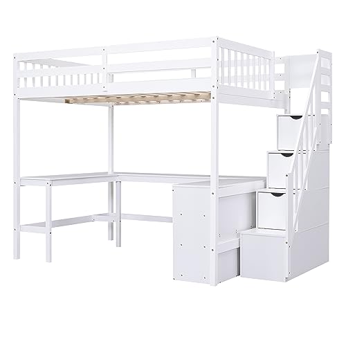 Full Size Loft Bed with Desk & Wardrobe, Solid Wood Kids Loft Bedframe w/3 Storage Drawers & 2 Shelves, Maximum Space Design, for Bedroom, Dorm, Gray