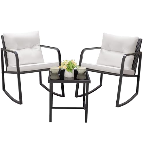 Greesum 3 Pieces Rocking Wicker Bistro Set, Patio Outdoor Furniture Conversation Sets with Porch Chairs and Glass Coffee Table, Beige
