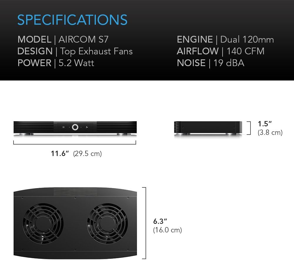 AC Infinity AIRCOM S7, Quiet Cooling Fan System 12 Top-Exhaust for Receivers, Amps, DVR, AV Cabinet Components